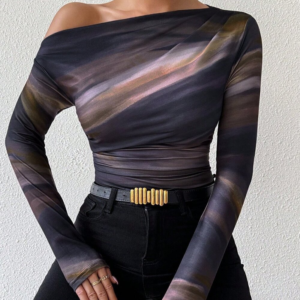 Casual Women's Marble Gradient Print Asymmetrical Neck top - Picture 5 of 6
